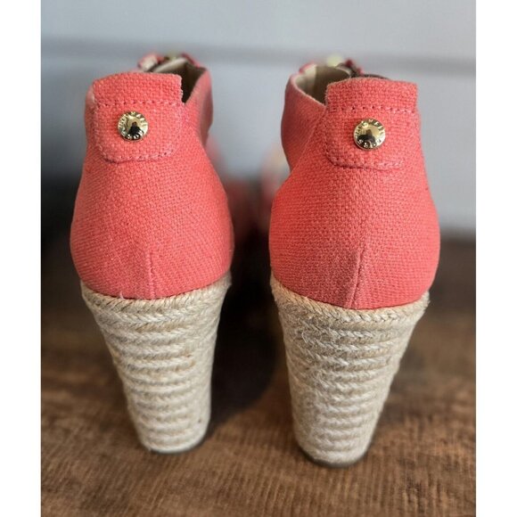 Michael Kors Damita Wedge 6.5 Pink/Grapefruit Canvas Platform Sandals Open Toe - Picture 5 of 8